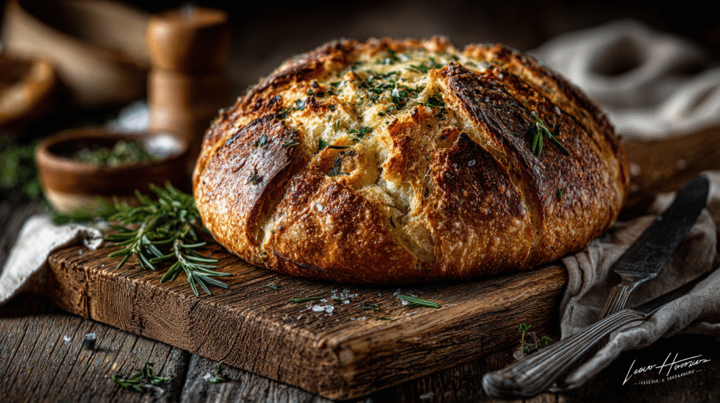 Crusty no starter sourdough bread on rustic table