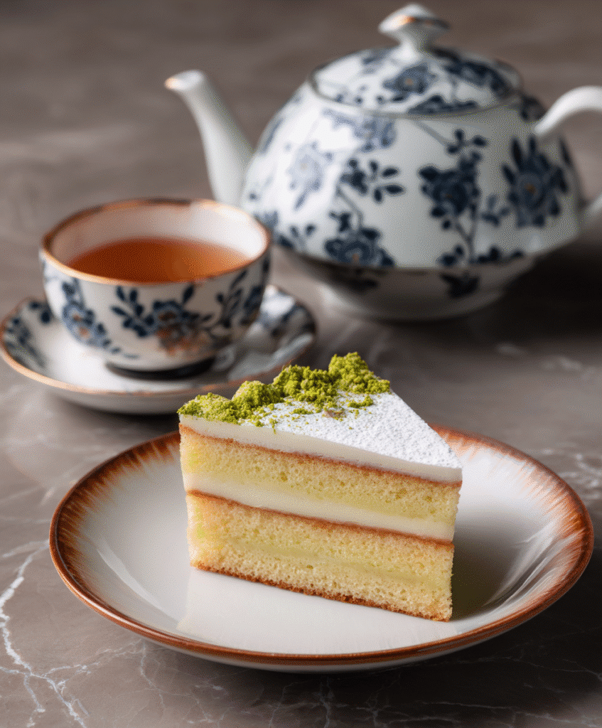 Served Tokyo gateau with cream and matcha