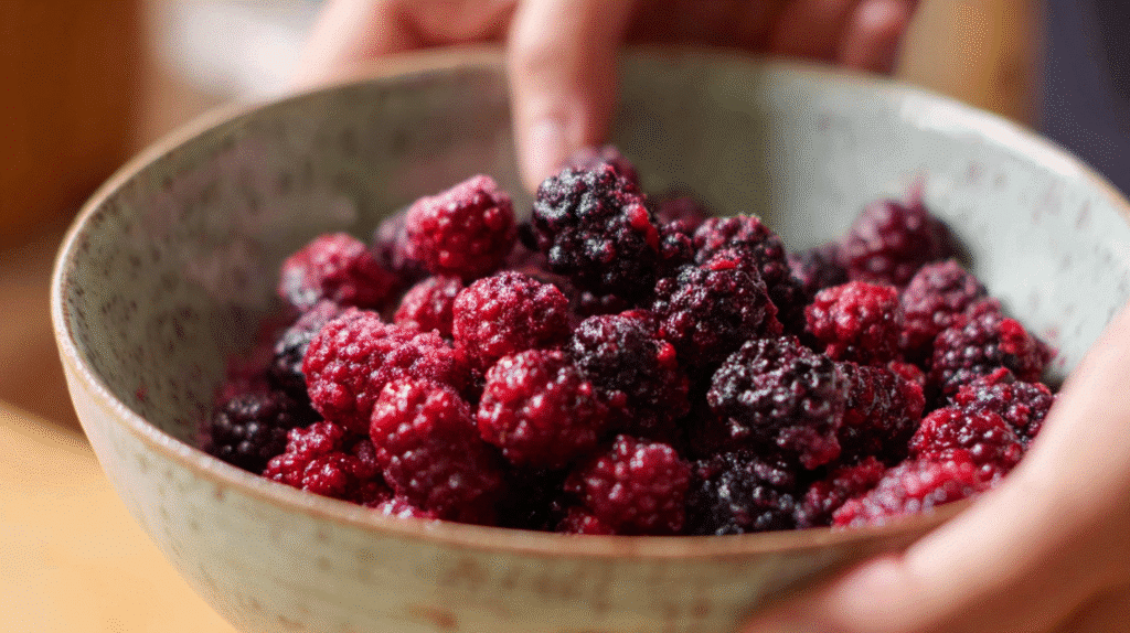 Folding dewberries / Sprinkling crumble on dewberry pie