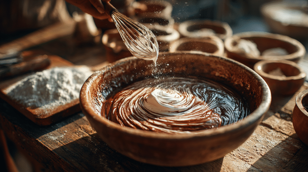 Folding egg whites into chocolate batter for Tokyo gateau