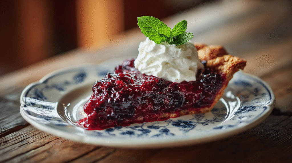 Dewberry pie slice with whipped cream