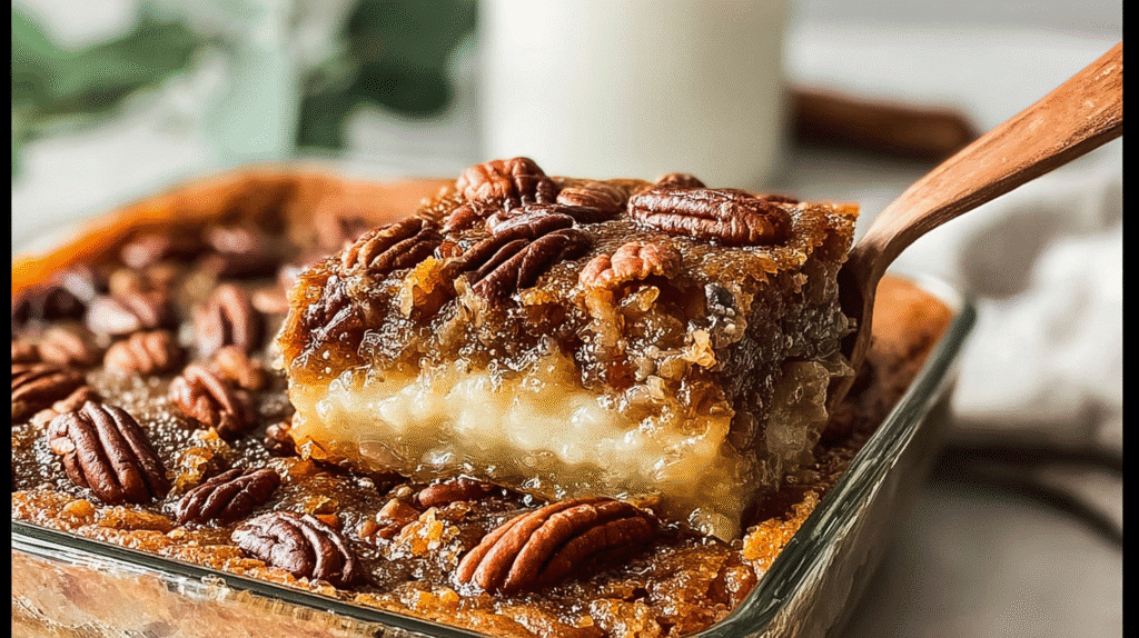 Gooey pecan pie dump cake recipe slice lifted from a glass baking dish with whole pecans on top