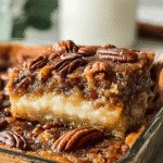 Gooey pecan pie dump cake recipe slice lifted from a glass baking dish with whole pecans on top