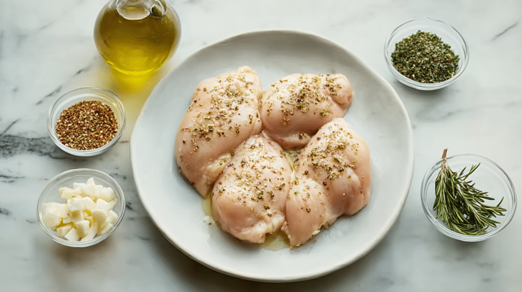 Raw ingredients for chicken and rosemary dish