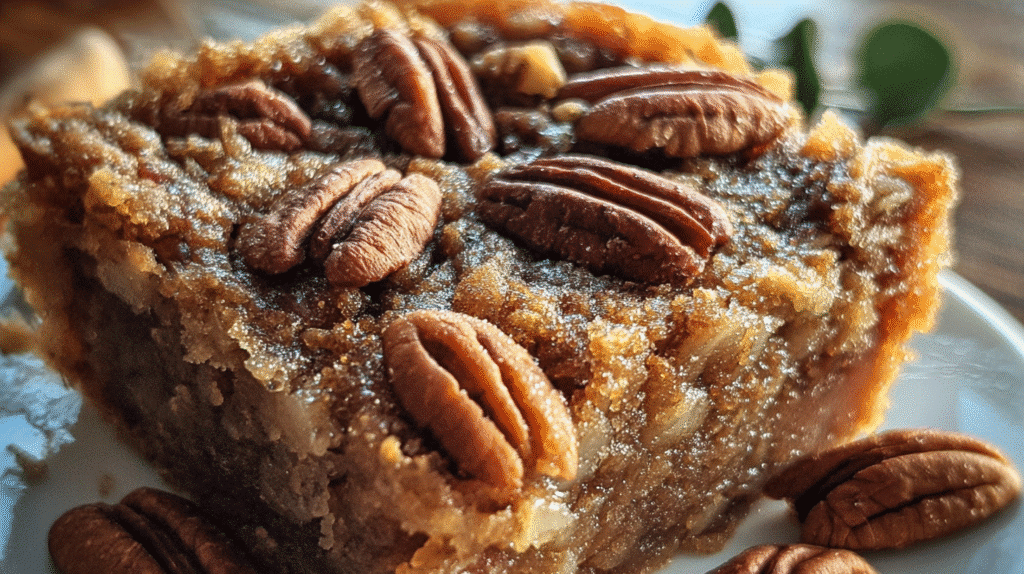 Pecan Pie Dump Cake, a gooey and delicious dessert with a golden, crispy topping and pecans.