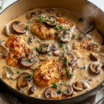 Cream of mushroom soup chicken recipe served with parsley garnish