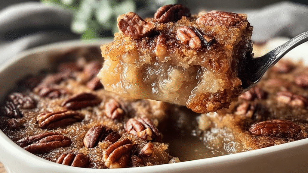 Pecan Pie Dump Cake, a gooey and delicious dessert with a golden, crispy topping and pecans.