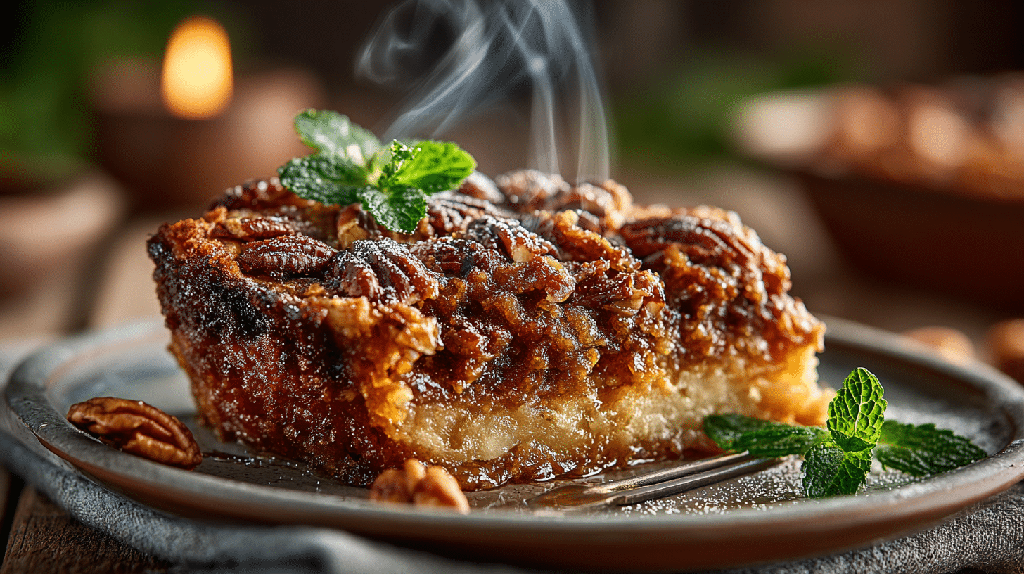 Pecan Pie Dump Cake recipe, gooey dessert with golden crust and crunchy pecans
