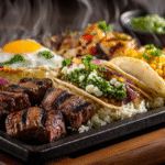 Fusion-style recipes cooking on a Blackstone griddle, including Korean BBQ tacos, fried rice, steak bites, and Mexican street corn