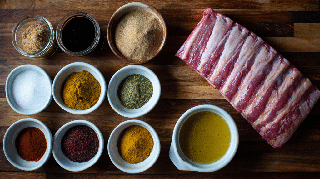 Dry rub ingredients and trimmed rack of St. Louis style ribs