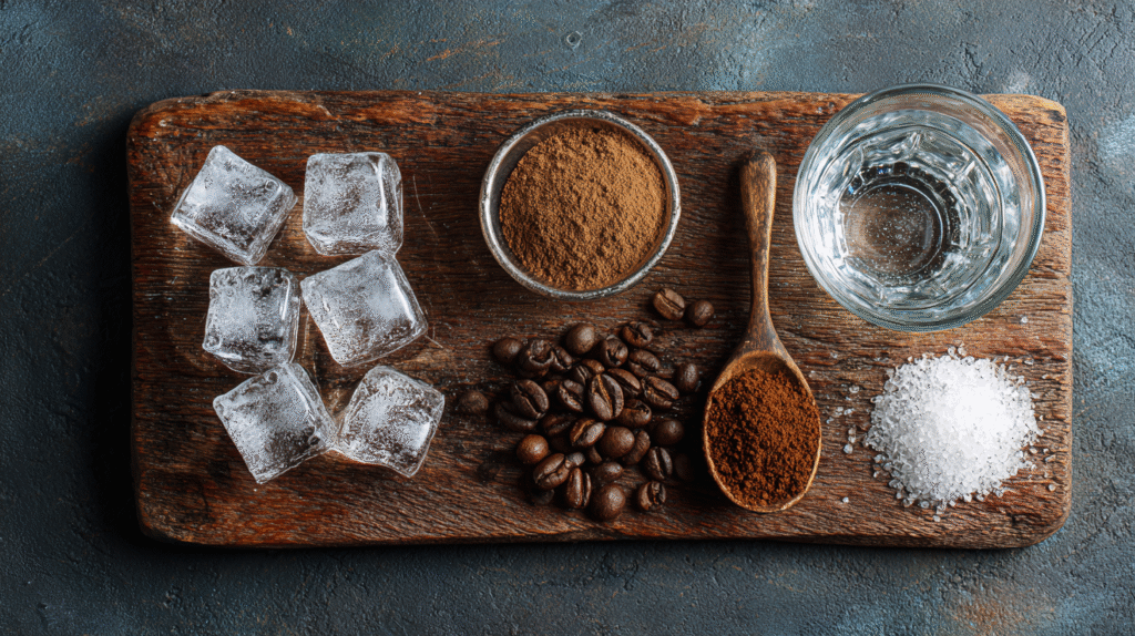 Americano ingredients on rustic board – espresso, ice, filtered water