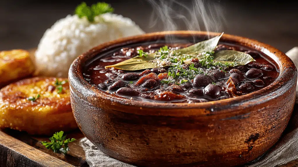 Cuban black beans with rice and tostones