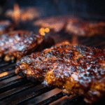 BBQ ribs on smoker grates with spritz bottle nearby