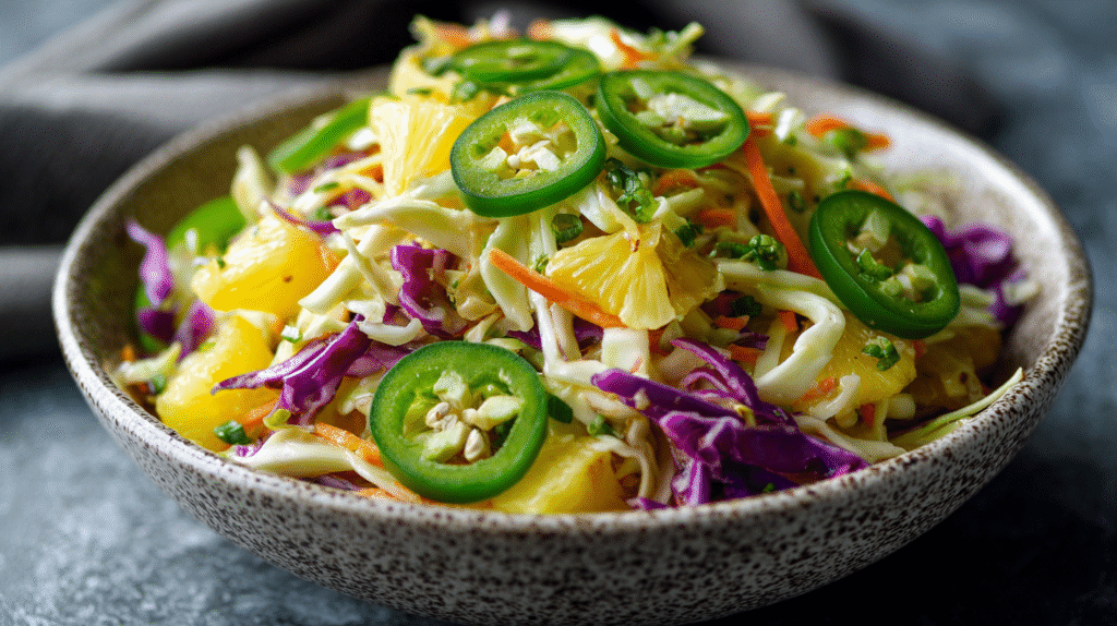 Spicy jalapeño pineapple coleslaw with fresh garnish