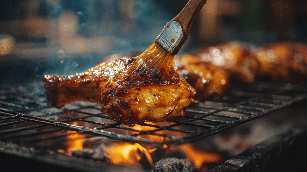 Marinating chicken in lemongrass sauce / Basting Mang Inasal on the grill