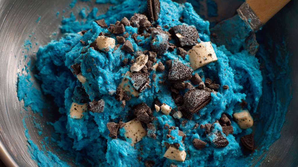 Close-up of Cookie Monster cookie dough being mixed in a bowl with a vibrant blue color and chunks of chocolate chips and Oreos