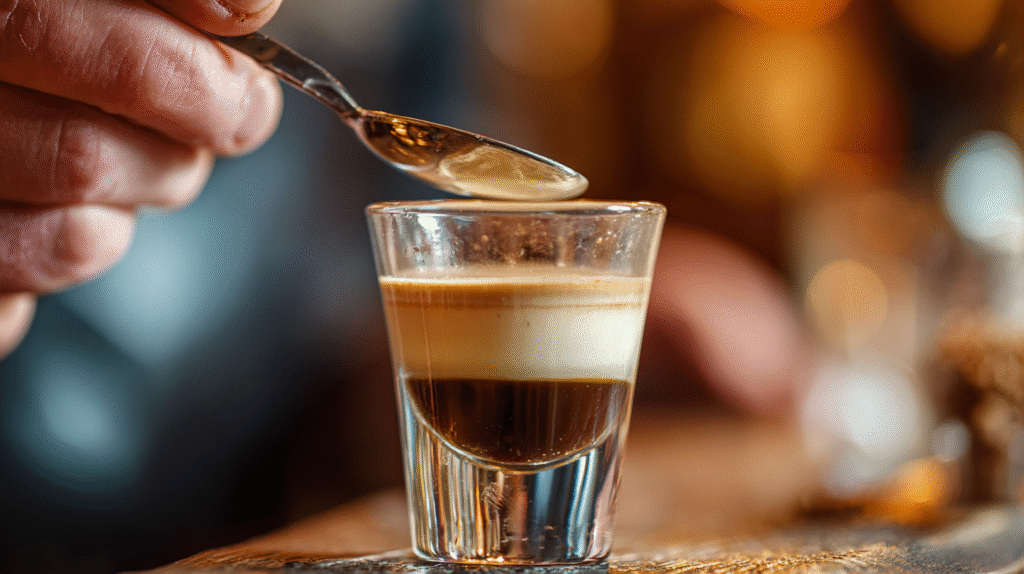 Bartender layering Irish cream over schnapps in shot glass