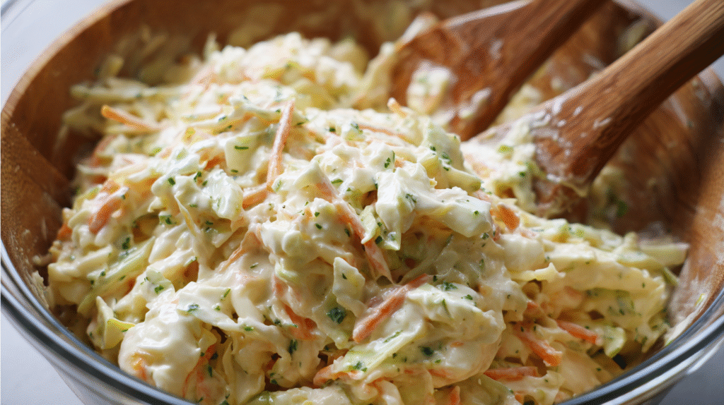 Mixing creamy pineapple coleslaw in bowl