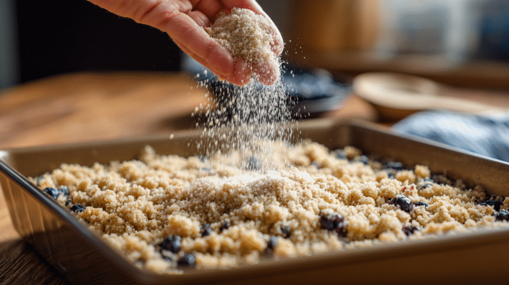 Sprinkling streusel topping on blueberry coffee cake