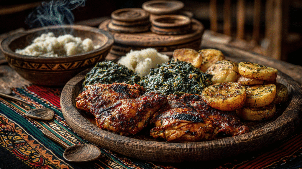 Chicken moambe served with traditional and modern African sides
