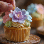 assembling marshmallow flower on cupcake