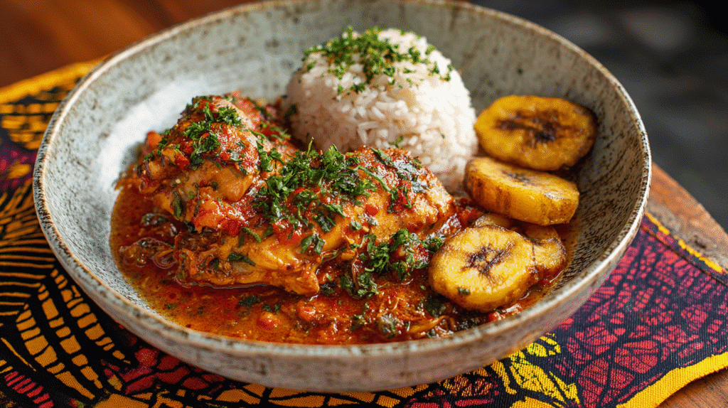 Chicken moambe served with rice and plantains