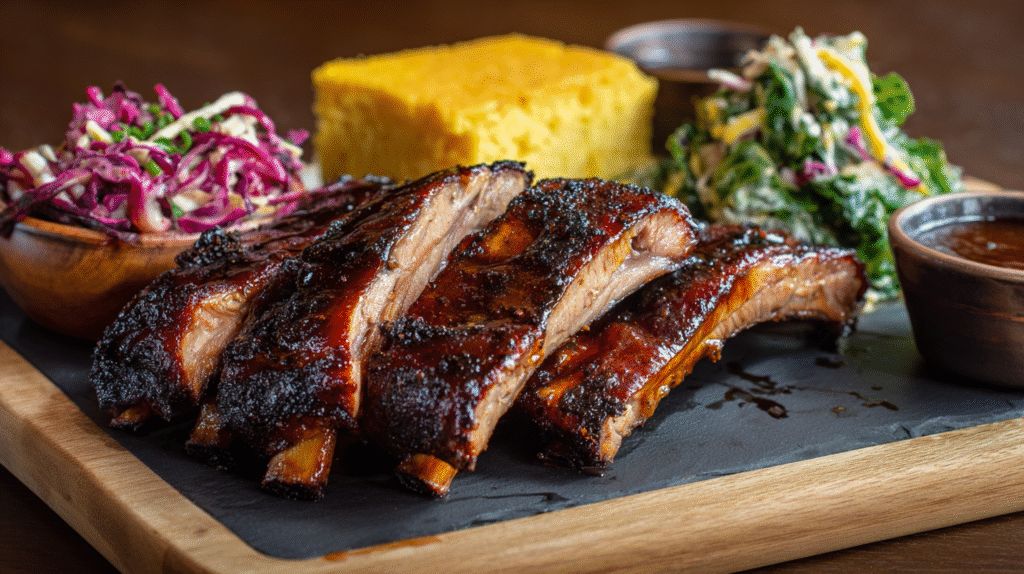 Sliced St. Louis ribs served with classic BBQ sides