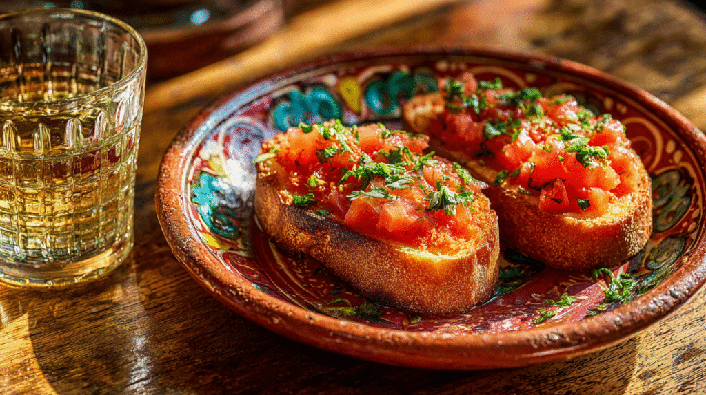 Plated pan con tomate with garnishes