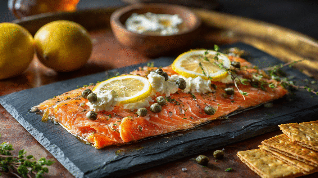 Smoked trout recipe served with crackers and lemon