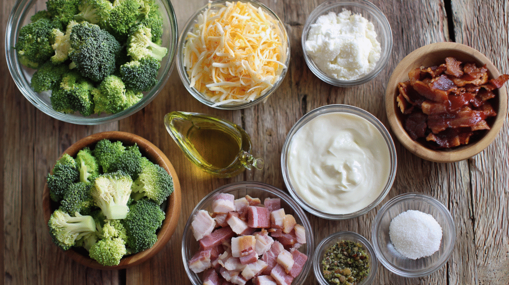 Ingredients laid out for Chicken Salad Chick broccoli salad recipe
