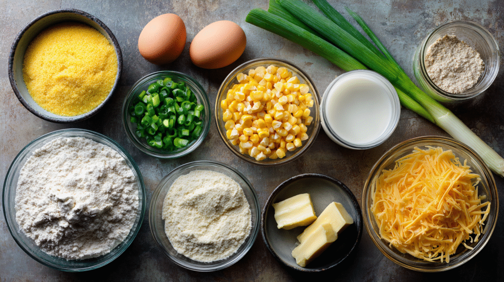 Ingredients for corn cakes recipe laid out on wooden surface