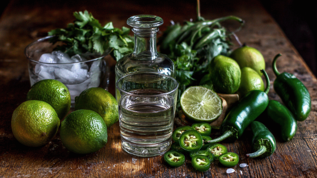 Fresh ingredients for Spicy Skinny Margarita including tequila, lime, jalapeños, and agave nectar on a wooden surface.