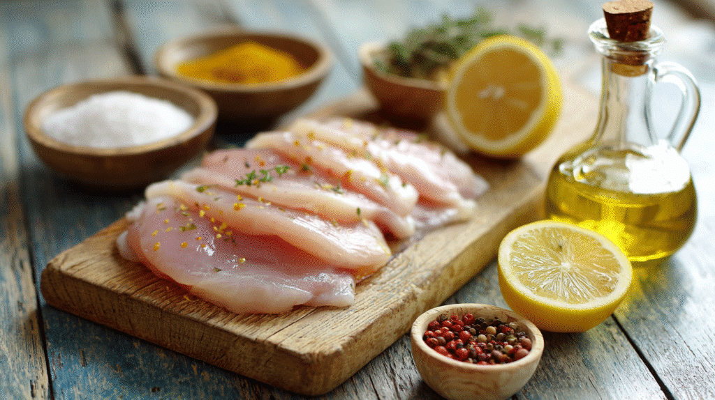 Thin sliced raw chicken and spices