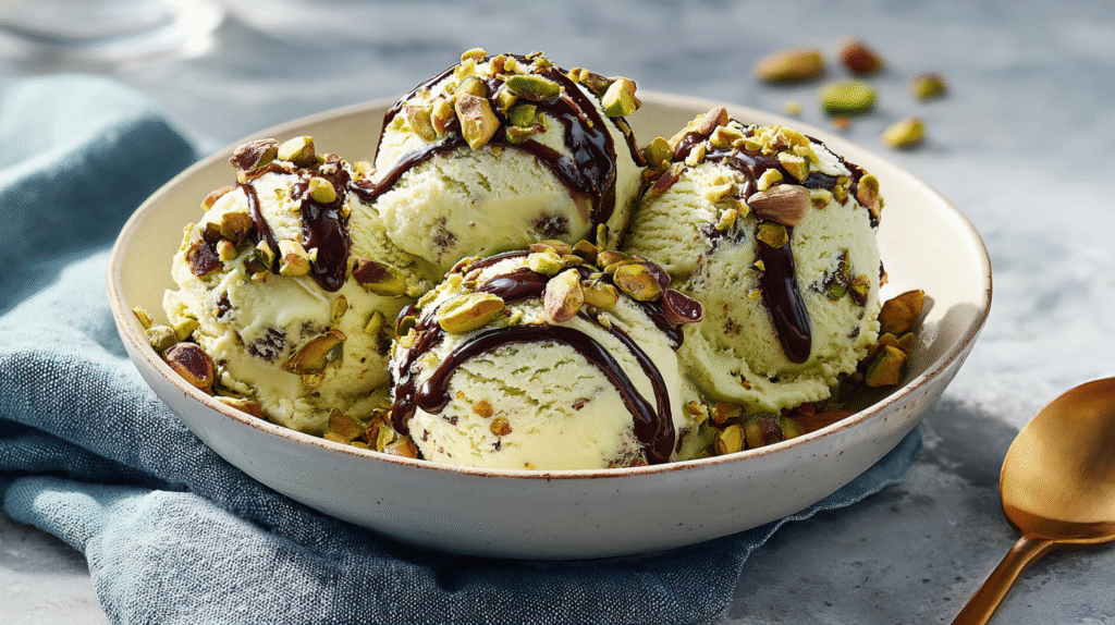 pistachio ice cream scoops served with toppings