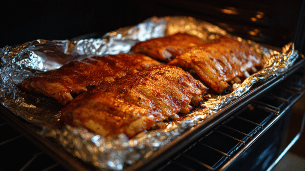 Wrapped ribs in foil with apple juice in pan