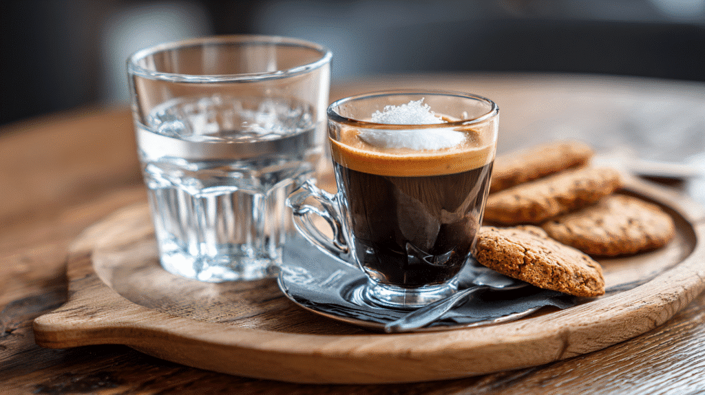 served espresso con panna with biscotti