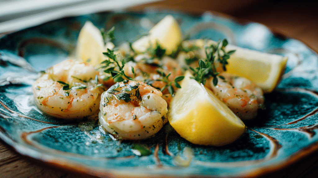 Served sous vide shrimp with herbs and lemon