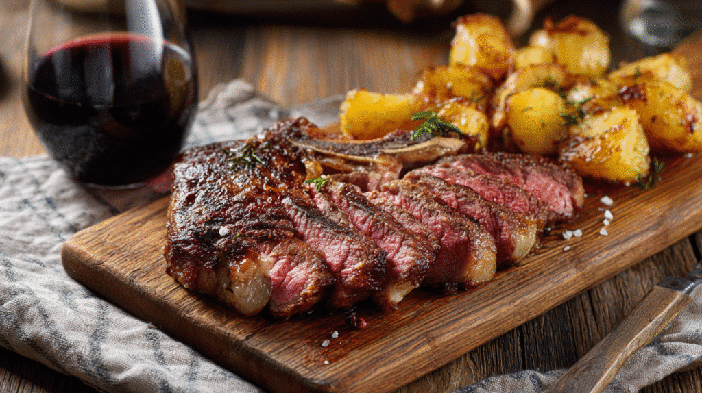 Served dry aged ribeye steak with sides