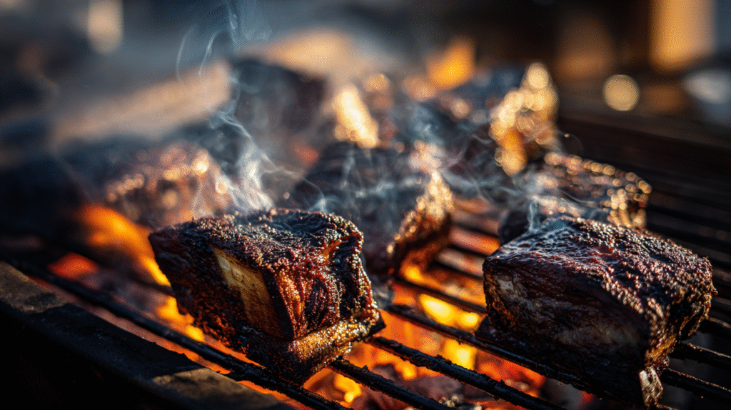 Bark forming on smoked short ribs in smoker