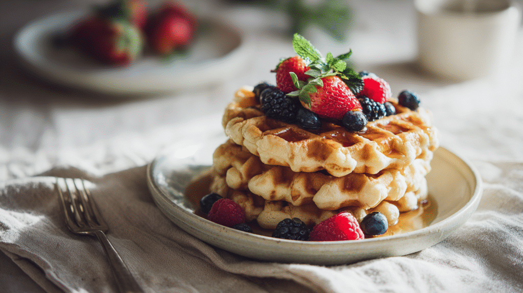 Stack of crispy einkorn waffles with syrup