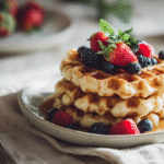 Stack of crispy einkorn waffles with syrup