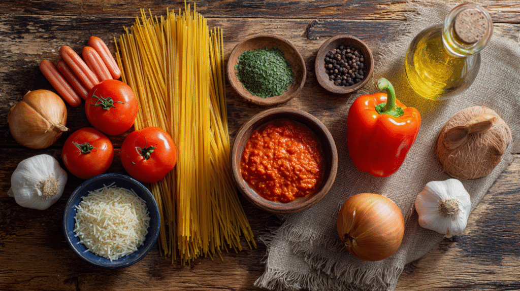Haitian spaghetti recipe ingredients on rustic background