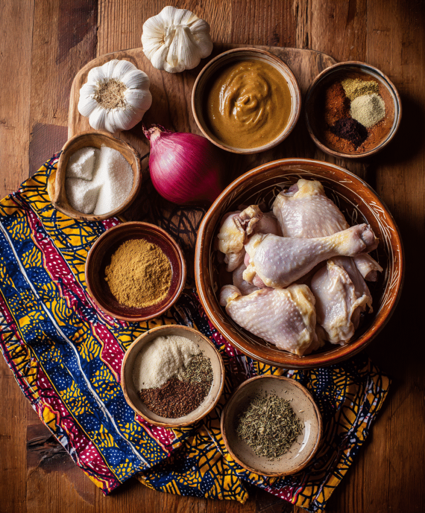 Ingredients for chicken moambe recipe arranged on table