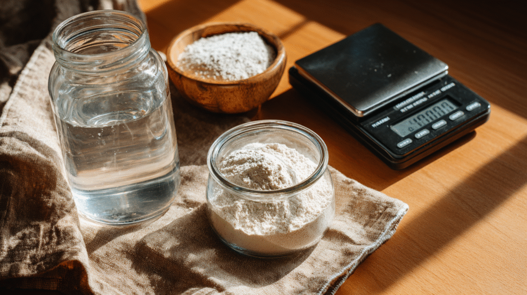 Rye flour, water, and tools for no discard sourdough starter recipe