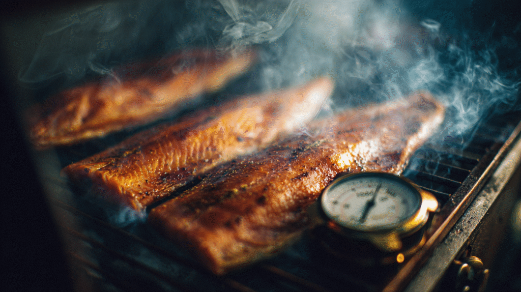 Trout fillets smoking with thermometer inserted