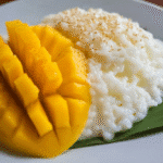Simple mango sticky rice recipe on rustic plate with coconut sauce