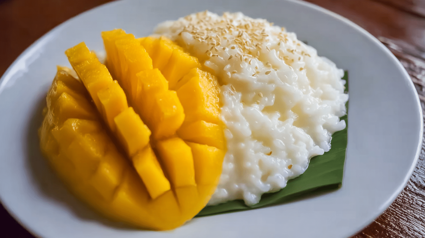Simple mango sticky rice recipe on rustic plate with coconut sauce
