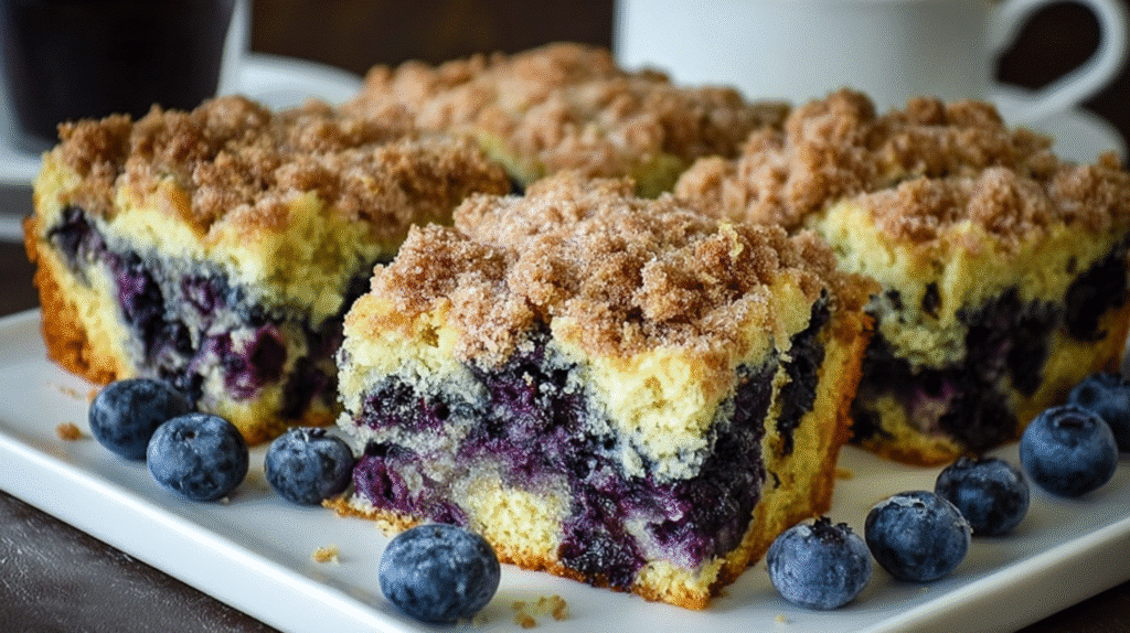 Blueberry coffee cake recipe with golden streusel topping on rustic wood