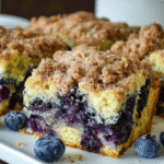 Blueberry coffee cake recipe with golden streusel topping on rustic wood
