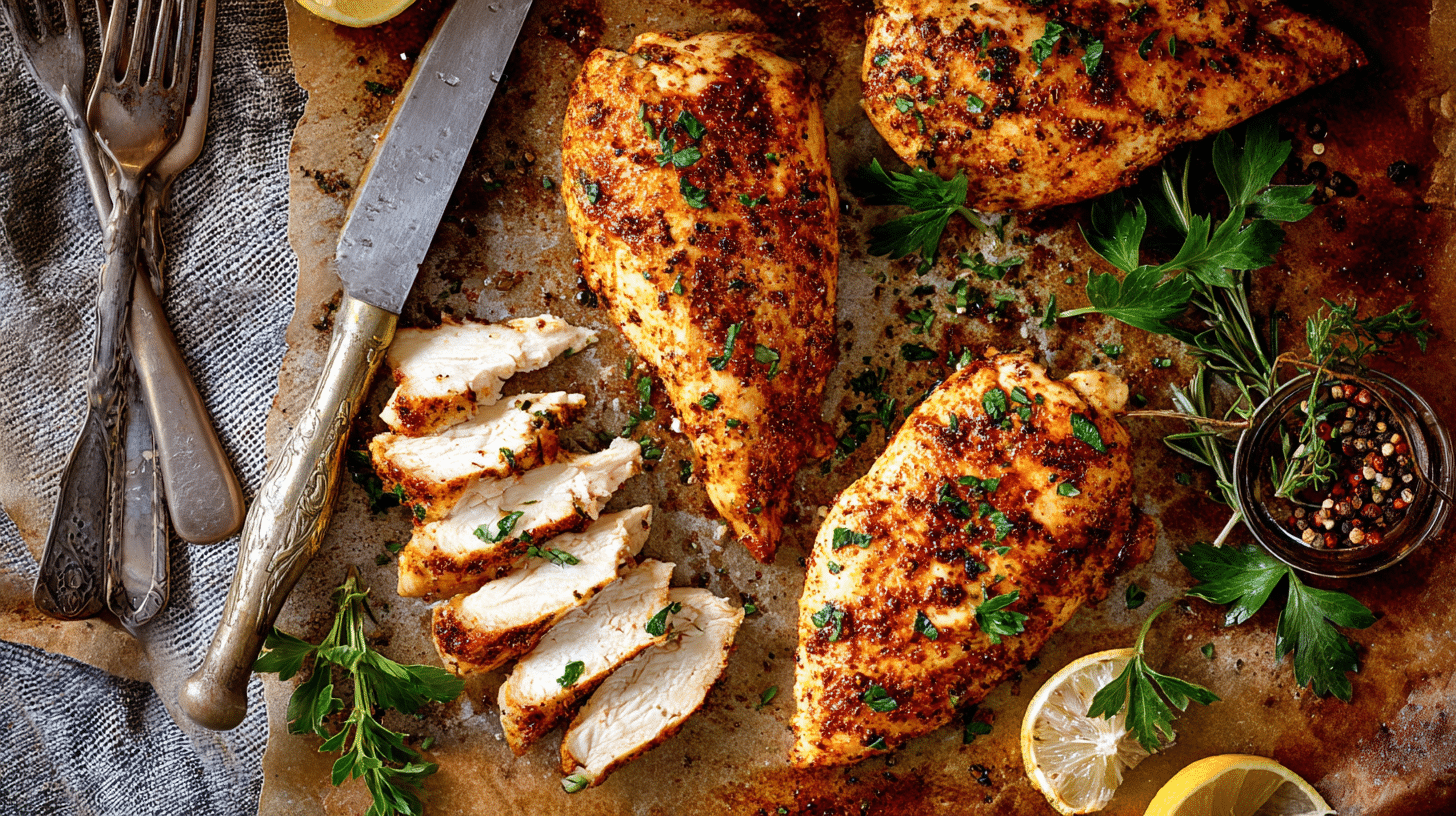 Chicken thin sliced breast recipes on a rustic plate